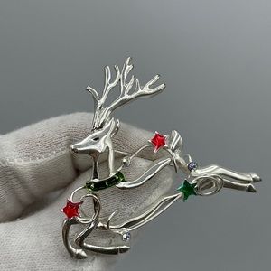 TC TANYA CREATIONS Silver Tone Rhinestone & Enamel Flying Reindeer Brooch Pin